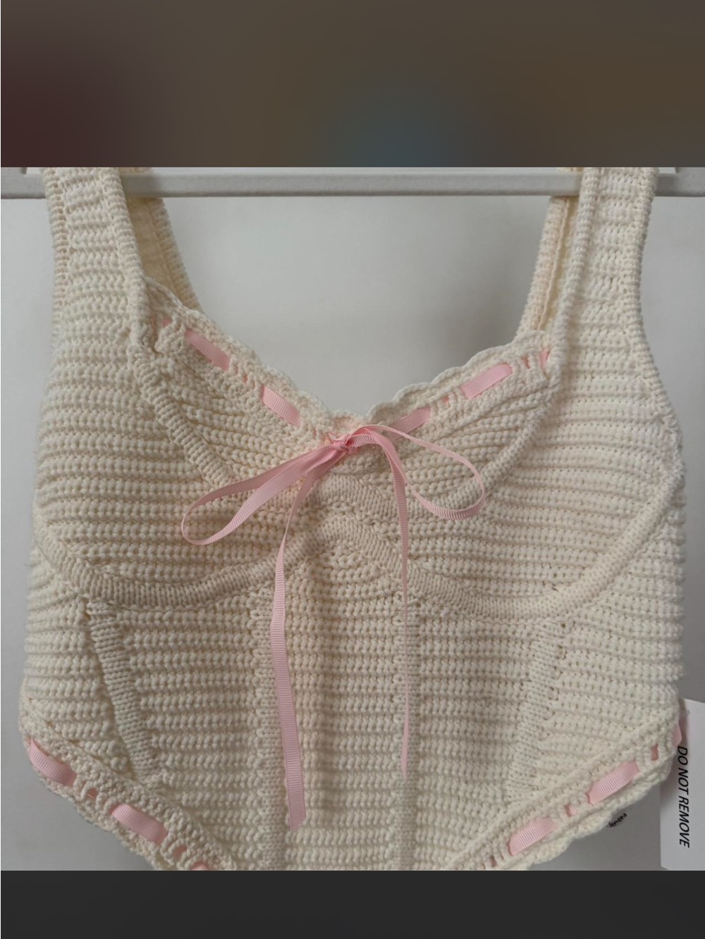 For Love & Lemons Crochet Tank Top with Pink Ribbon Detail XS Extra Small